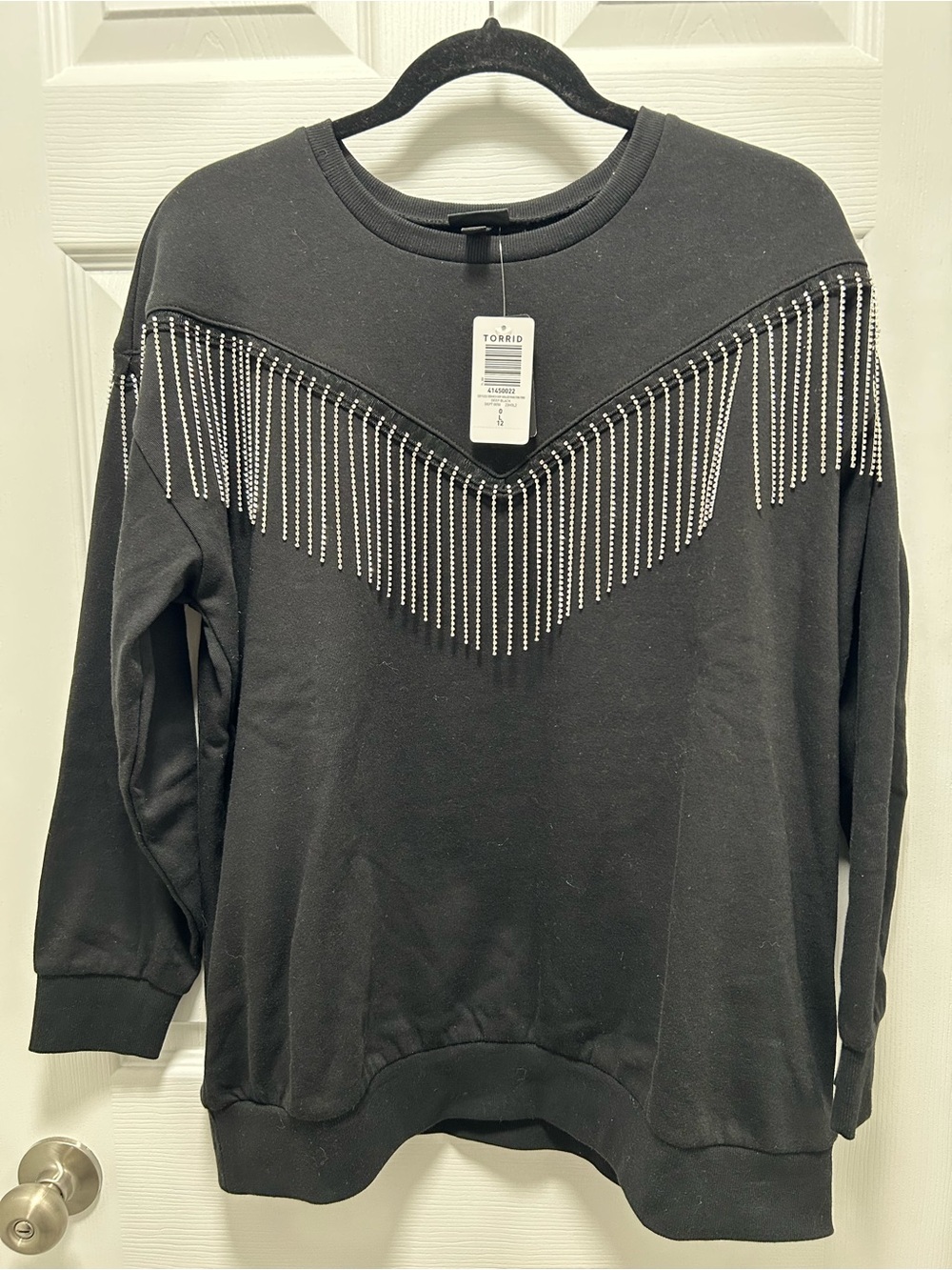 NWT Torrid Black Rhinestone Fringe Drop Shoulder Sweatshirt Plus Size 0
